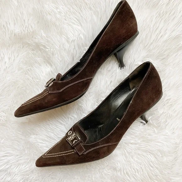Prada | Shoes | Prada Brown Suede Kitten Heel Pump 85 | Poshmark